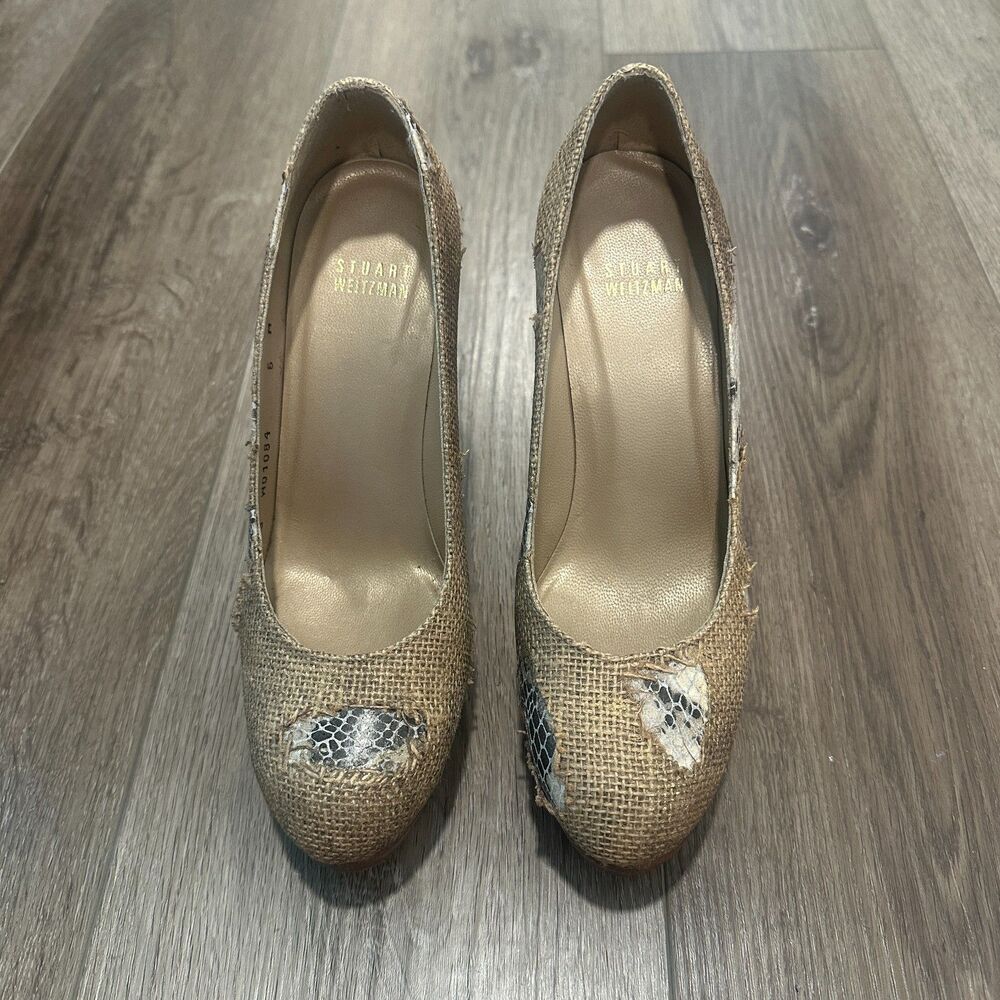 Stuart Weitzman Patchwork Raffia Snakeskin Platform Pumps Heels Size 6 M